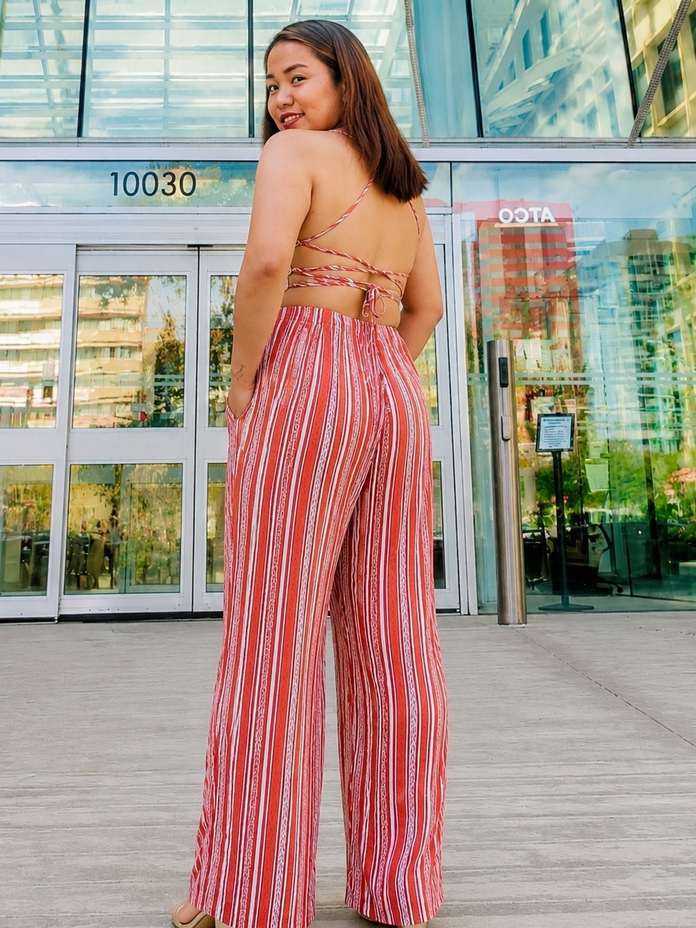 Forever 21 Contemporary Rust Stripe Open Back Wide Leg Jumpsuit